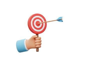 Isolated cartoon hand holding target board with arrow hitting bullseye goal, success concept