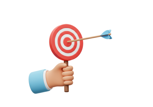 Isolated cartoon hand holding target board with arrow hitting bullseye goal, success concept