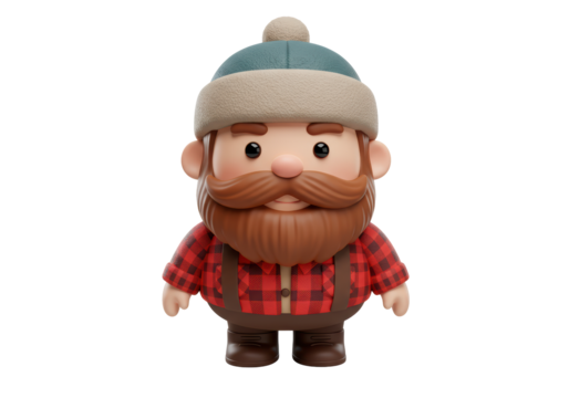 Isolated 3D render of a cute cartoon lumberjack with a flannel shirt and knitted cap