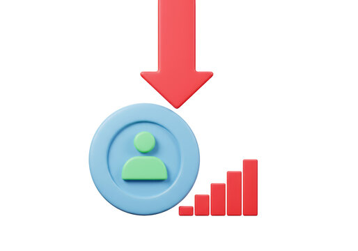 Isolated illustration of downward arrow, person, and rising bar graph for web elements