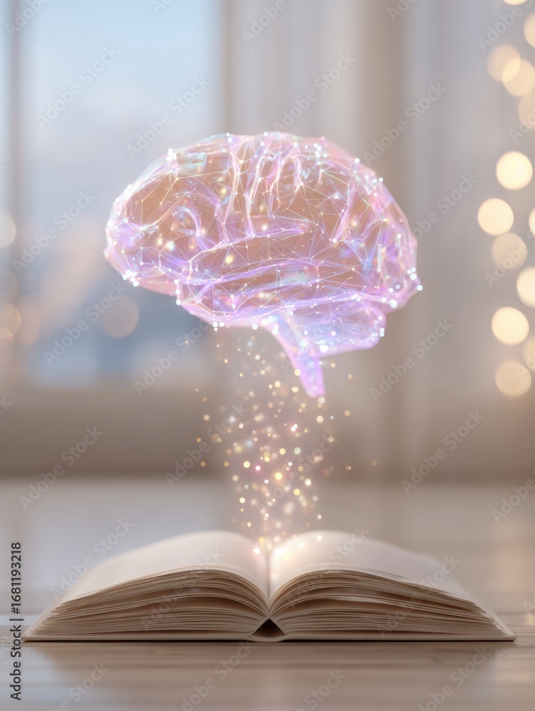 Aufkleber conceptual representation of knowledge transfer between brain and book in a bright and serene enviro