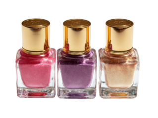 Three square nail polish bottles, each a different shimmery color, sit side-by-side.  Gold caps top each bottle, and the clear glass shows the iridescent, metallic finish inside