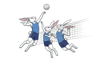 Fototapeta premium Volleyball Rabbits in Action: Playful illustration of cartoon rabbits engaged in a spirited volleyball game, depicting dynamic movement and teamwork in a fun and lively setting.