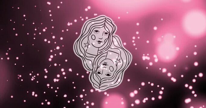 Animation of female faces of gemini zodiac sign against illuminated pink particles and lens flare