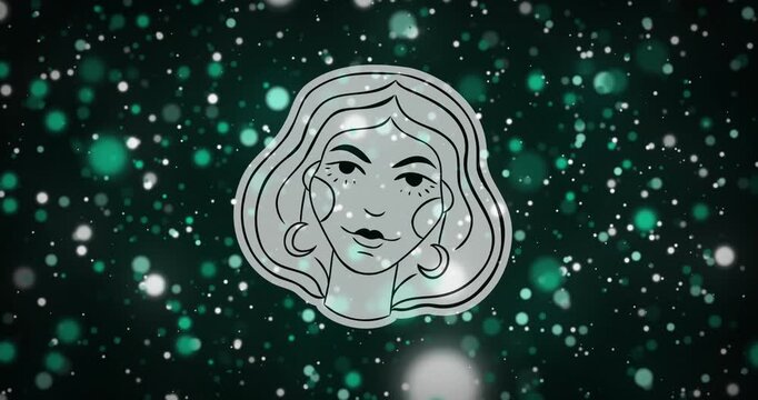 Animation of maiden face with virgo zodiac sign against floating illuminated lens flares