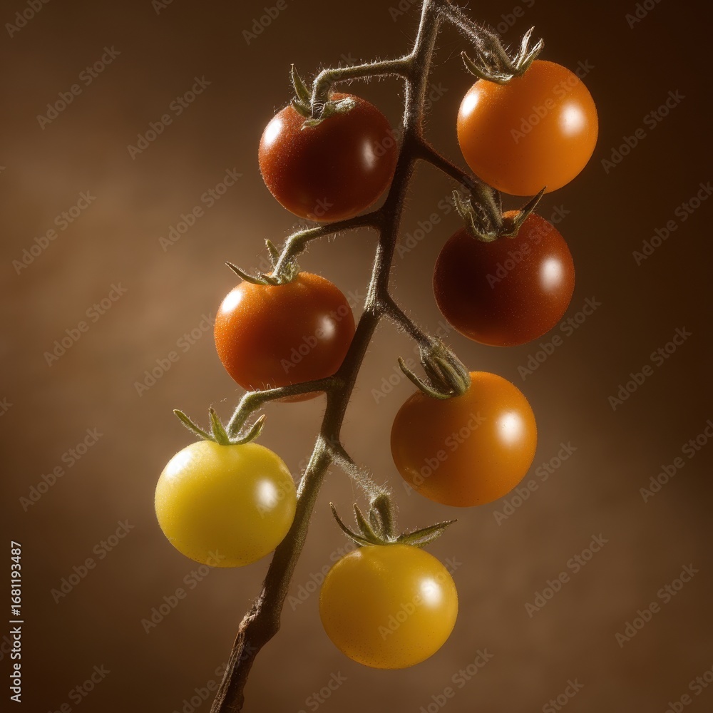 Poster close-up studio shot of colorful cherry tomatoes on the vine against a brown background with soft li