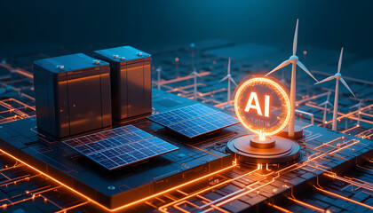 Concept of Artificial Intelligence (AI) managing renewable energy with solar panels and wind turbines on a smart grid