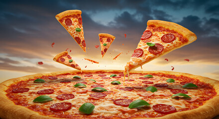Pizza Paradise: Slices of pizza dance in the air, their delicious details set against a beautiful scenic sunset sky, conjuring a culinary dream of the perfect meal.