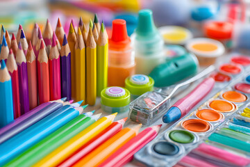 multicolored set of brushes and pencils artist's set