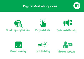 Flat Vector Icons for Digital Marketing, SEO, Social Media, and Online Advertising