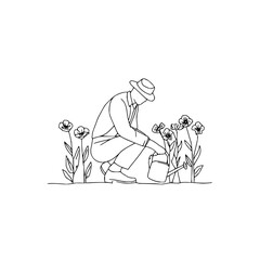 Fototapeta premium Man watering flowers garden line art vector illustration gardener tending plants floral design minimalist drawing
