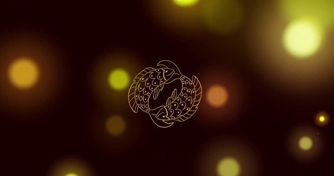 Animation of twin fish of pisces zodiac sign over glowing yellow lens flares falling down