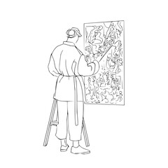 Artist creating abstract art on canvas with brush and ladder in studio illustration line drawing style art 100