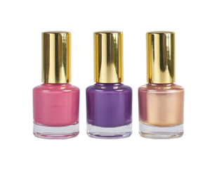 Three nail polish bottles, various shades.  Each has a clear glass bottle with a gold cap.  Colors are light rose, deep purple, and a rose-gold shimmer
