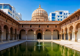 Historic temple courtyard with a fountain