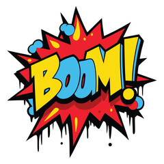 Explosive comic book style boom sound effect with dripping paint and bright colors on a white background