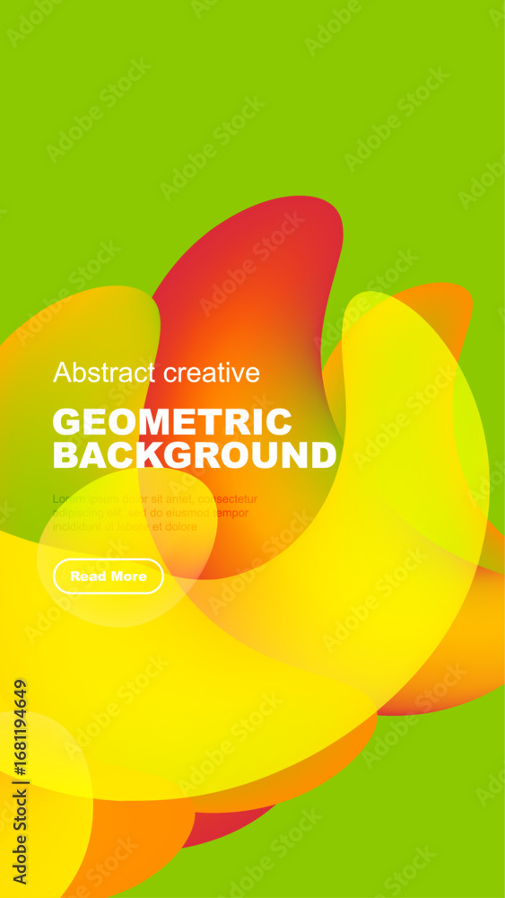 Poster dynamic colorful shapes overlap black backdrop. text promotes geometric design, includes call to act
