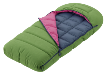 Isolated warm green sleeping bag partly unzipped with pink and blue inner liner for camping gear