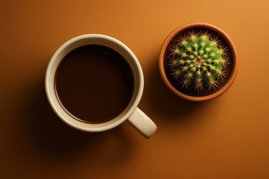 Overhead View of Coffee Cup and Small Potted Cactus on Brown Surface top view - Powered by Adobe