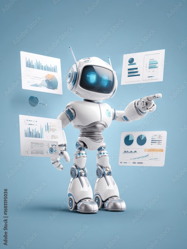 Poster futuristic robot analyzing data on digital screens in a modern workspace environment