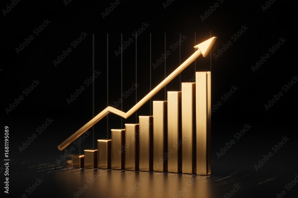 Poster golden bar graph ascending with arrow on black background showing growth and success in business and
