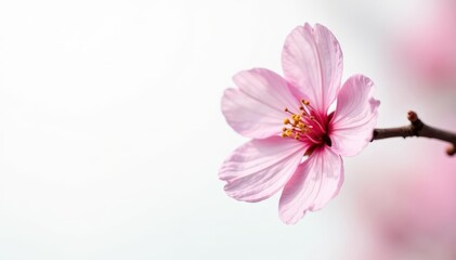 Delicate pink cherry blossom, single bloom against pure white background, aesthetic, beautiful, fragrant