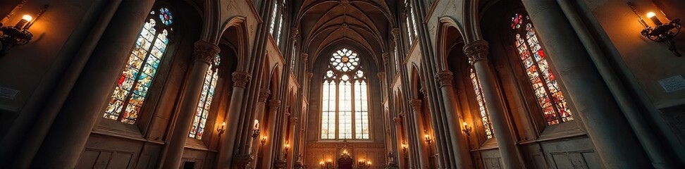 Majestic church building with intricate architectural details, stained glass windows, and towering spires Perfect for religious, historical, and architectural themes , sacred, heritage