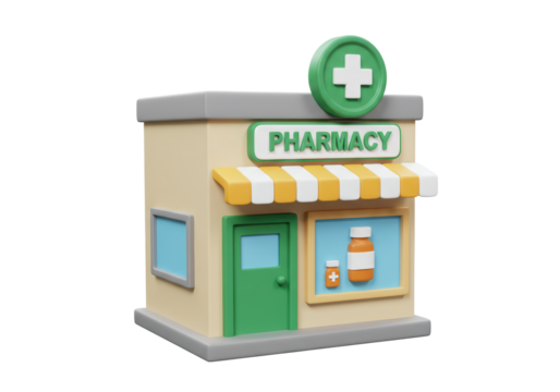 Isolated pharmacy cartoon shop front model building, clinic for sale, medicines, health