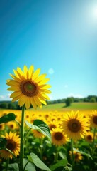 Fototapeta premium Sun-drenched sunflowers, vibrant field, blue sky, rural, golden hour, agriculture