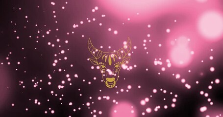 Animation of bull of taurus zodiac sign against illuminated floating pink particles and lens flare