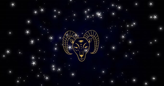 Animation of sheep of aries zodiac sign against glowing stars in sky