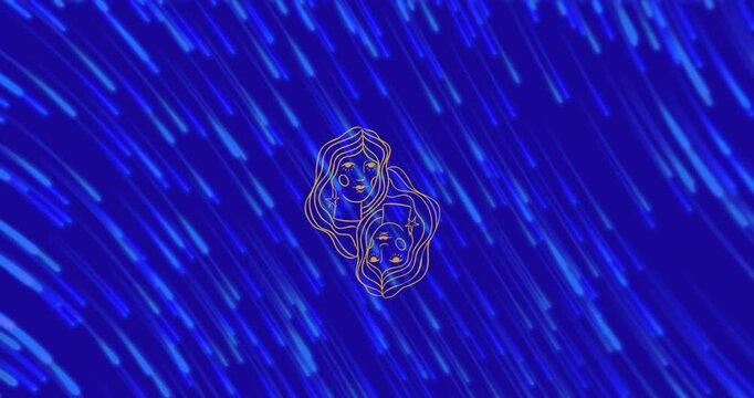 Animation of female faces of gemini zodiac sign against illuminated blue lines moving in loop