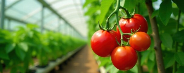 Vibrant tomato bunch, hanging heavy, greenhouse setting, plant, food