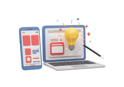 Isolated laptop and smartphone mockup with lightbulb, creativity idea concept, 3d render - Powered by Adobe