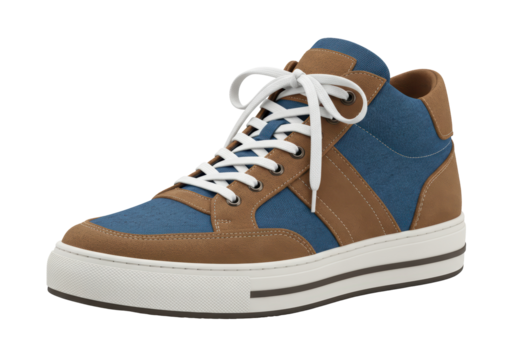 Isolated high-top sneakers with white laces, casual denim shoes for fashionable streetwear style