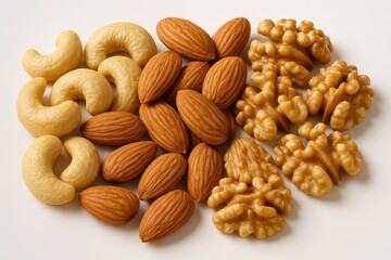 Premium mixed nuts arrangement with cashews almonds and walnuts on clean white surface