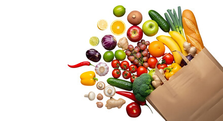 Fresh groceries spilling out of a brown paper bag against a black background