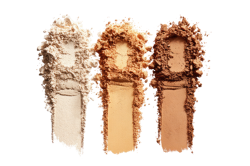 Three swatches of loose powder makeup, light beige, medium beige, and light brown, displayed in a  close-up,  showing textured crumbly texture