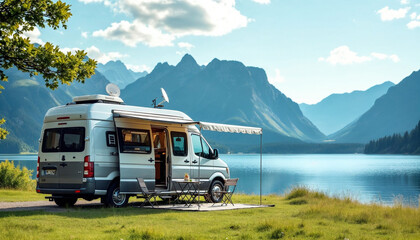 Camper van parked by a calm lake with mountains and clear sky