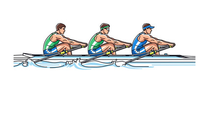 Rowing Team in Action: Energetic rowers demonstrate synchronized movements, propelling their sleek boat forward in a striking graphic, emphasizing teamwork and athletic prowess. © Atiya