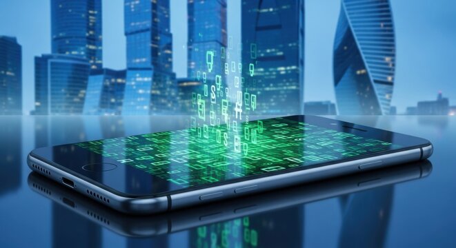 Smartphone with Digital Data and City Skyline Background