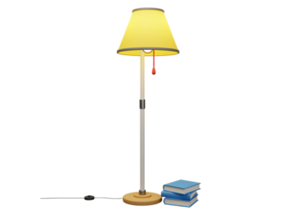 Isolated lamp for reading, interior decor with bright yellow lampshade near books, and cord switch