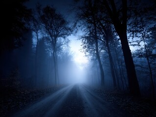 Obraz premium Misty road cutting through dark forest landscape at night atmospheric low angle view eerie nature scene