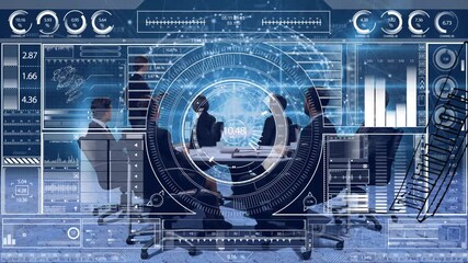 Animation of caucasian businesswoman giving presentation to colleagues, data on digital interface - Powered by Adobe