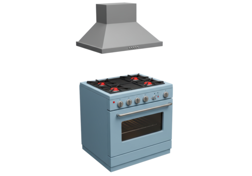 Isolated blue oven range and ventilation hood for kitchen appliances, cooking equipment