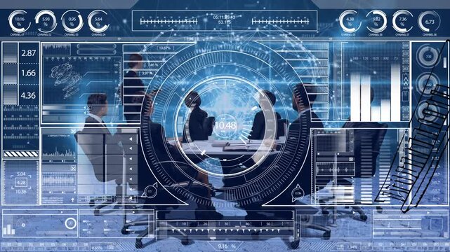 Animation of caucasian businesswoman giving presentation to colleagues, data on digital interface - Powered by Adobe