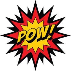 Dynamic comic book style pow explosion sound effect word graphic with sharp starburst points and bold lettering on a white background