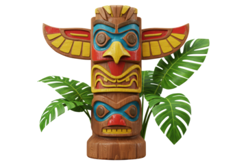 Isolated colorful totem pole with tropical leaves, representing ancient indigenous heritage