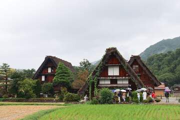 Shirakawa-go, Japan – 4 Oct 2024: Traditional Gassho-zukuri houses with steep thatched roofs showcase centuries-old life in mountains. Historic Villages of Gokayama, UNESCO World Heritage Site.