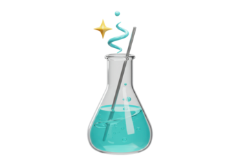 Isolated laboratory flask with bright blue liquid, mixing rod, and colorful sparkle effects